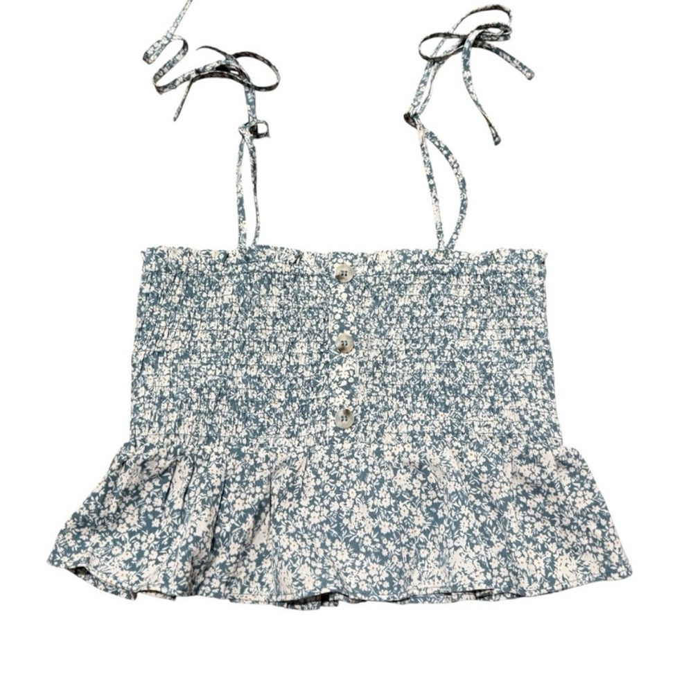 Paper Crane Smocked Blue and White Floral Tank Top